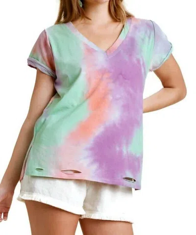 Umgee Distressed Tie Dye Top In Peach/purple