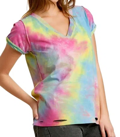 Umgee Distressed Tie Dye Top In Pink/sky
