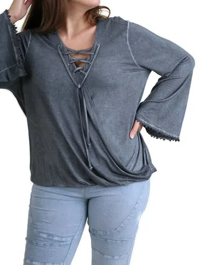 Umgee Drawstring Neckline Bell Sleeve Top In Ash In Blue