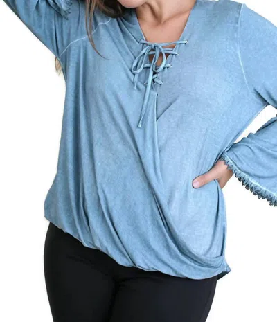 Umgee Drawstring Neckline Bell Sleeve Top In Denim In Blue