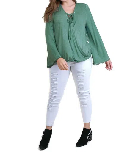 Umgee Drawstring Neckline Bell Sleeve Top In Sage In Multi