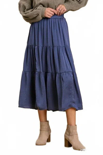 Umgee Elastic Waist Band Tiered Skirt With Lining In Denim Blue