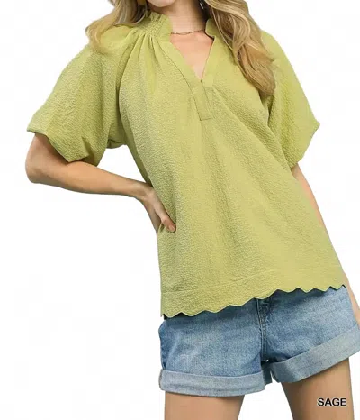 Umgee Elegant Scallop Hem Blouse - Plus In Sage In Multi