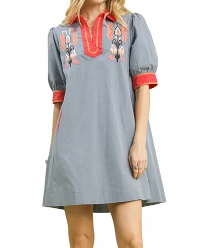Umgee Embroidered Floral Dress In Slate Blue In Gray