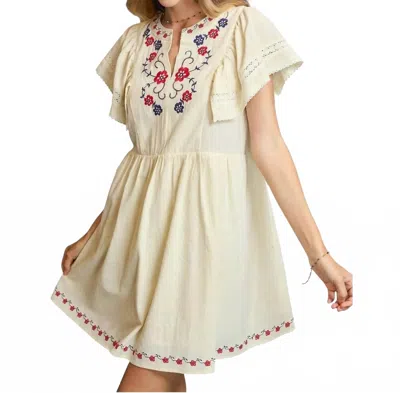 Umgee Embroidered Floral Flutter Sleeve Mini Dress In Ivory In Multi