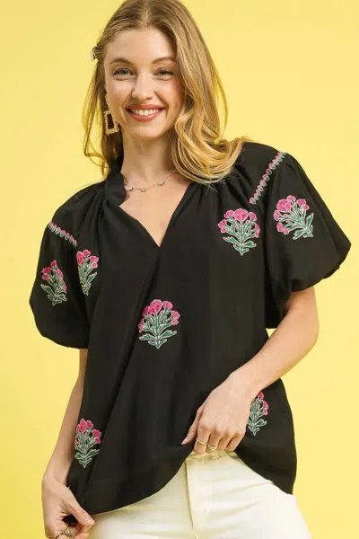 Umgee Embroidered Floral Puff Sleeve Blouse In Black