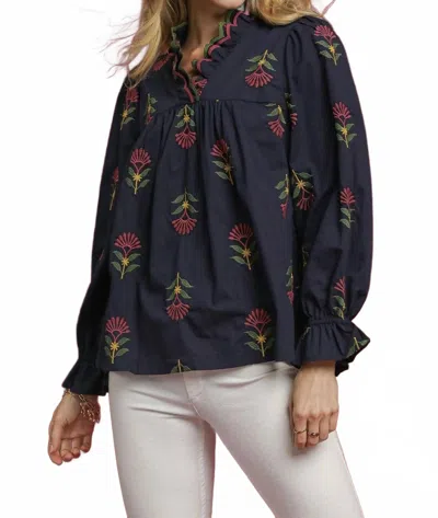 Umgee Embroidered Floral Ruffle Neck Blouse In Navy In Multi