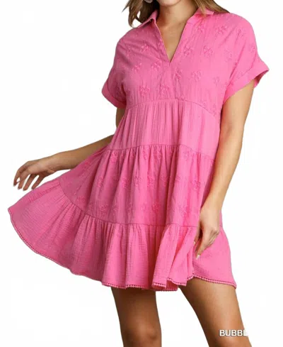 Umgee Embroidered Flower Ruffle Dress In Bubblegum In Pink