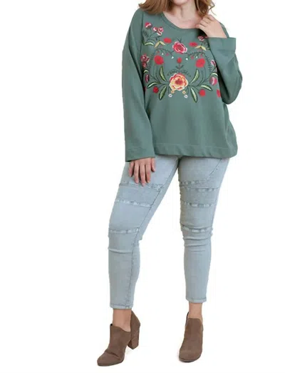 Umgee Embroidered French Terry Tunic - Plus In Sage In Green