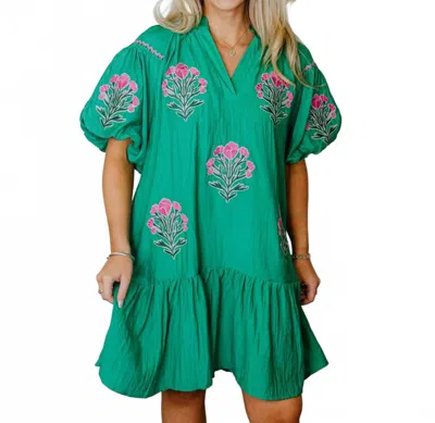 Umgee Embroidered Mini Dress In Kelly Green In Multi