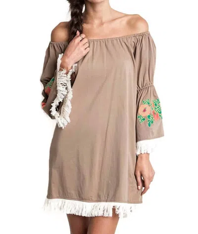 Umgee Embroidered Off The Shoulder Dress In Mocha In Multi