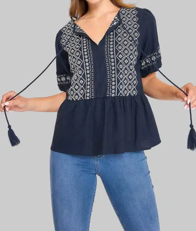 Umgee Embroidered Peplum Blouse In Navy In Multi
