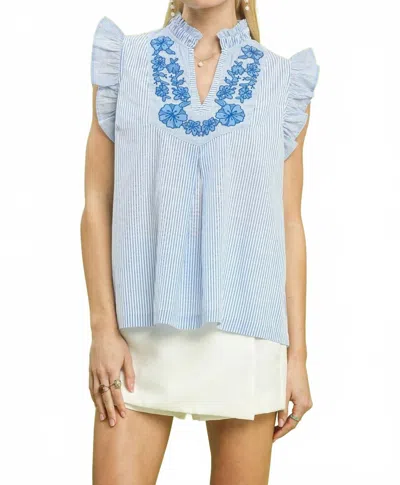 Umgee Embroidered Ruffle Sleeve Top In Blue