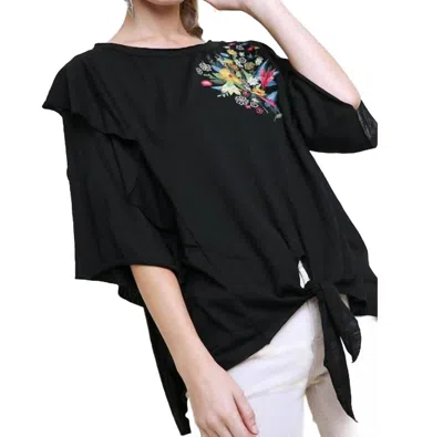 Umgee Embroidered Ruffled Sleeve Knot Top In Black