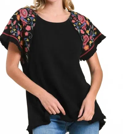 Umgee Embroidered Sleeve Frayed Ruffle Trim Top In Black