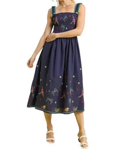 Umgee Embroidered Smocked Midi Dress In Navy Tropical Birds & Palm Trees In Blue