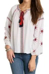 Umgee Embroidered Tassel Tie Blouse In White In White