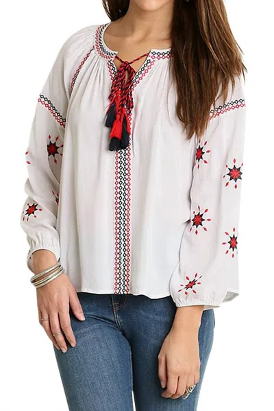 Umgee Embroidered Tassel Tie Blouse In White