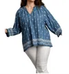 Umgee Embroidered Tie Front Top In Denim Blue In Multi