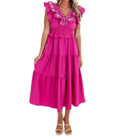 Umgee Embroidered Tiered Midi Dress In Magenta In Pink