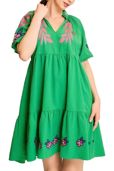 Umgee Embroidered V-neck Dress In Green