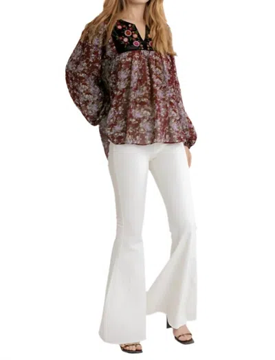 Umgee Embroidered Velvet Yoke Floral Blouse In Wine In Pink