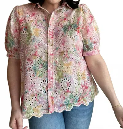 Umgee Eyelet Short Sleeve Top In Pink Multi