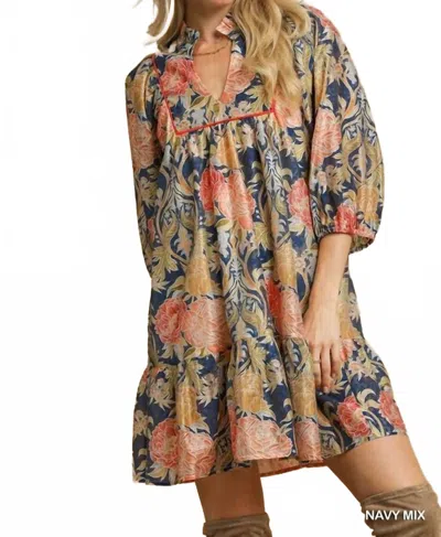Umgee Fall Floral Dress In Navy Mix In Blue
