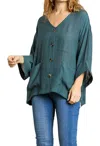 Umgee Faux Button Front Pocket Top In Seaweed In Green