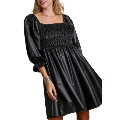 Umgee Faux Leather Balloon-sleeve Mini Dress In Black In Grey