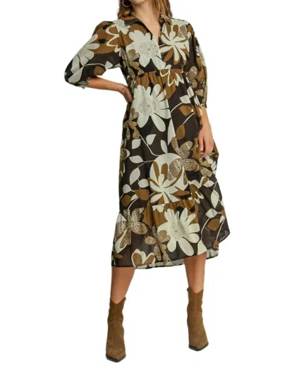 Umgee Floral Abstract Tiered Midi Dress In Camel In Brown