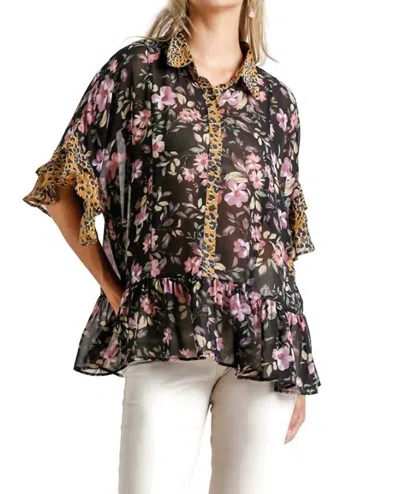 Umgee Floral & Animal Print Top In Black
