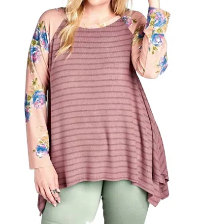 Umgee Floral & Striped Knit Trapeze Tunic - Plus In Mauve In Gray