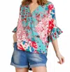 Umgee Floral Animal Print Ruffle Top In Mint Mix In Blue