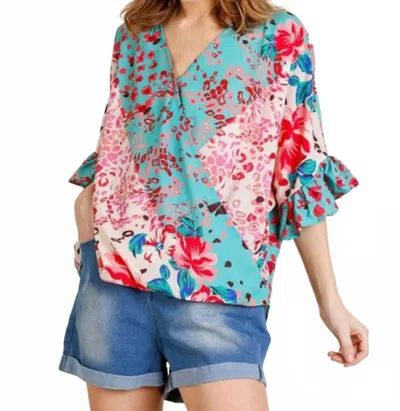 Umgee Floral Animal Print Ruffle Top In Mint Mix In Blue