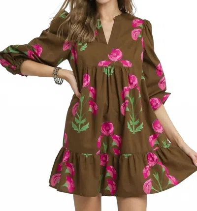 Umgee Floral Babydoll Dress In Brown/pink