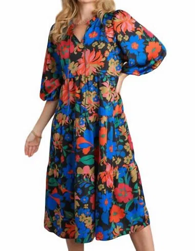 Umgee Floral Babydoll Midi Dress In Black Multi