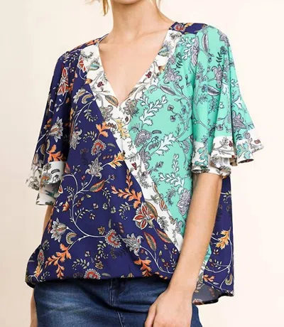 Umgee Floral Bell Sleeve Crossbody Top In Navy/mint In Multi
