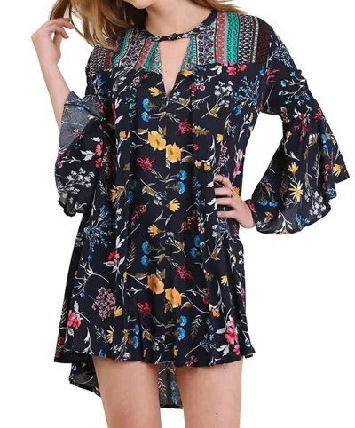 Umgee Floral Bell Sleeve Dress In Navy Mix In Multi