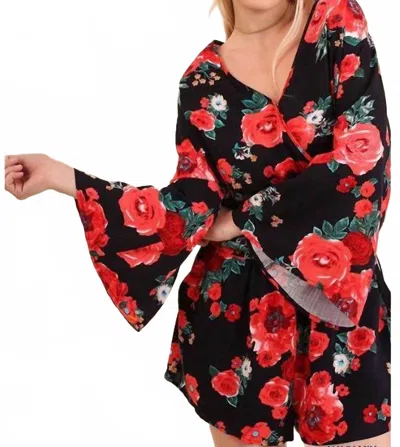 Umgee Floral Bell Sleeve Romper In Navy Mix In Multi