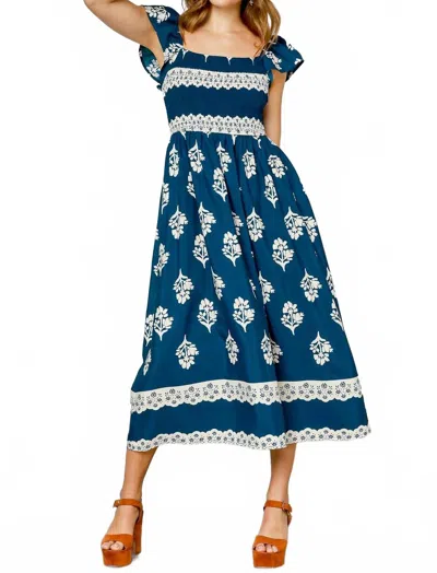 Umgee Floral Block Print Ruffle Sleeve Midi Dress In Navy/white In Multi