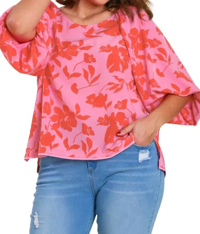 Umgee Floral Boat Neck High Low Split Hem Top In Rose In Multi