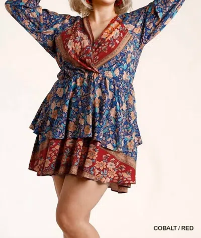 Umgee Floral Border Print Layered Mini Dress In Cobalt In Multi