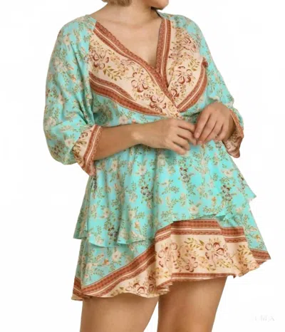 Umgee Floral Border Print Layered Dress In Mint In Multi