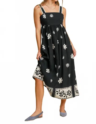 Umgee Floral Border Print Midi Dress With Rick Rac Trim In Black In Blue