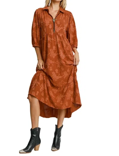 Umgee Floral Burnout Textured Midi Dress In Rust In Brown