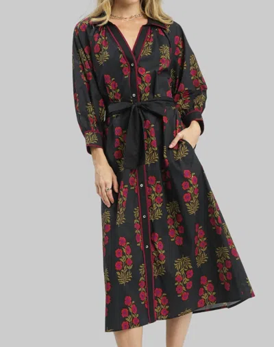 Umgee Floral Button Front Maxi Shirt Dress In Black Mix In Green