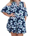 Umgee Floral Cold Shoulder Criss Cross Dress - Plus In Navy In Blue