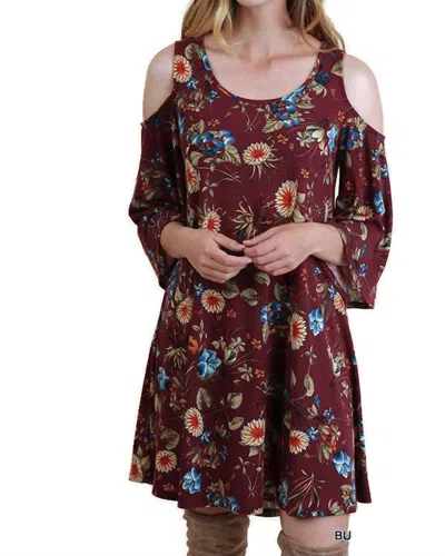 Umgee Floral Cold Shoulder Dress In Maroon