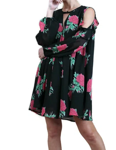Umgee Floral Cold Shoulder Keyhole Dress In Black In Multi